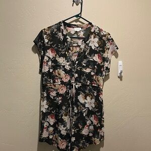 Siren Lily Maternity Black Floral V-Neck Elastic Drawstring Tunic Button Front